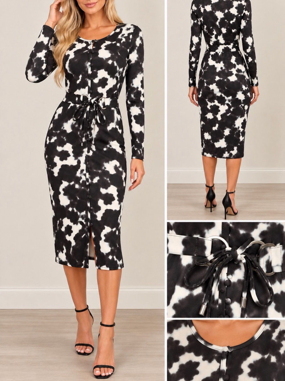 RACHEL Rachel Roy Black and White Print Belted Midi Dress